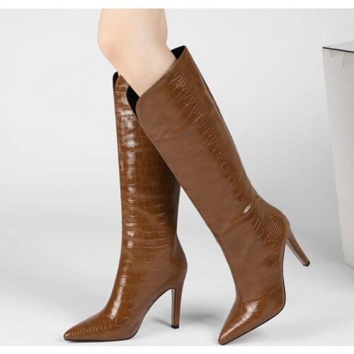 2021 Women Boots Faxu Leather Knee High Boots Fashion High Heel Long Boots Slip On Pointed Toe Autumn Winter Boots Shoes Black