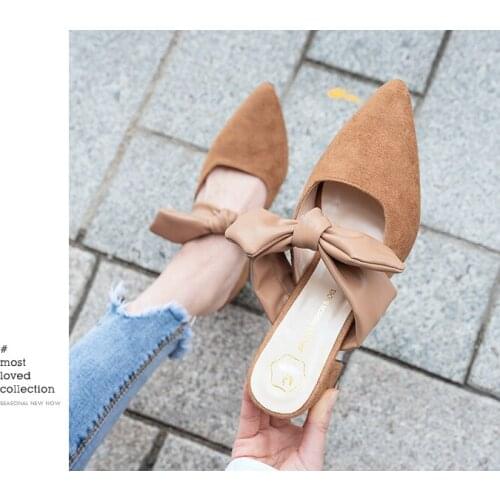 Womens Fashion Bow Tie Thick Heel Sandals Women Shoes Pointed Outdoor Slippers Sexy Concise Elegant High-heeled shoes U24-37