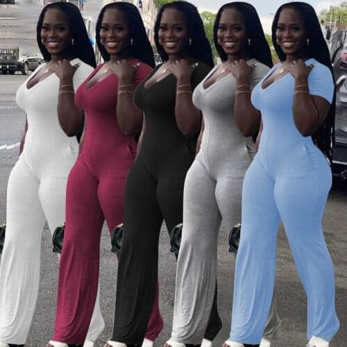Echoine Plus Size V-neck Short Sleeve Jumpsuit Women Wide Leg Rompers Summer Elegant Skinny Sexy Overalls with Pocket Outfits