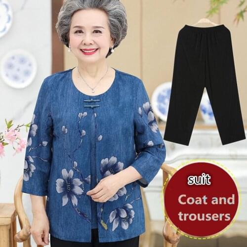 Women Sets 2 Pieces printing Lady Clothing Suits Large Size XL-4XL 2018 Summer Middle aged grandma Costume Women Tops + Pants