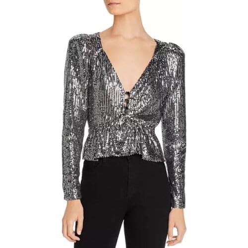 OUMEA Women Sequins Top V Neck Long Sleeve Elegant Silver Sequins Top With Buttons Back Slit Flounce Hem Party Blinking Top
