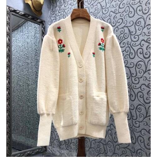 2021 Autumn Winter Knitted Cardigans High Quality Women V-Neck Floral Embroidery Knitting Pocket Patchwork Casual Wool Cardigan