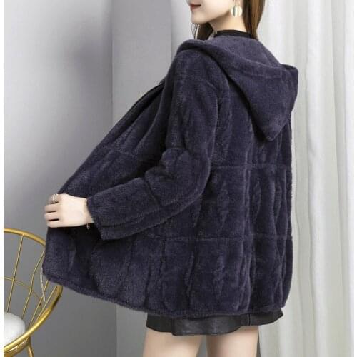 2021 Faux Mink Velvet Coat Women Autumn Winter Thicken Hooded Artificial Fur Jacket Knitted Sweater Zipper Cardigan Tops KW1112