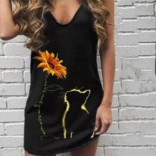 Cat Sunflower Flag Stripe Printed V-neck Casual Fashion Short Ladies Dress Sleeveless Fashion Design straight Clothing Dresses