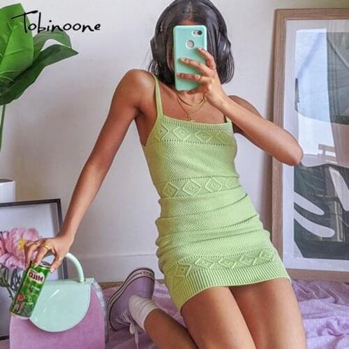 Tobinoone Knitted Sexy Bodycon Dress Women Spaghetti Strap Nightclub Party Dresses Summer Hollow Out Streetwear Sweater Dress