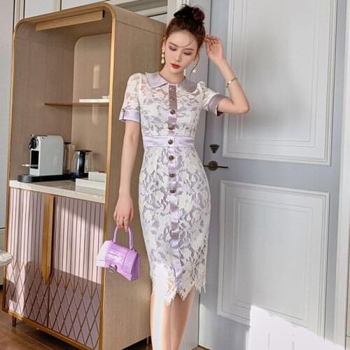 Fashion Summer Korean Vintage Short Sleeve Midi Party Dress Ladies OL Elegant Streetwear Lace Patchwork Perspective Pencil Dress