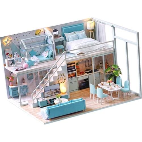 1:24 Miniature Wooden DIY Dollhouse Kit The Bedroom Blue Handcrafts