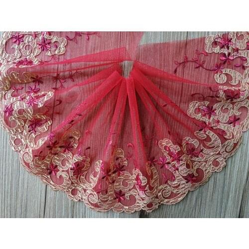 10Yards Red Mesh Fabric Handmade Flower Embroidered Lace Edge Trim Ribbon Applique Dress DIY Sewing Craft 17cm Wide