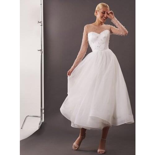 African Style Plus Size Long Sleeve Luxury Pearls Tulle A Line Ankle Length Wedding Dresses Princess Wedding Dres