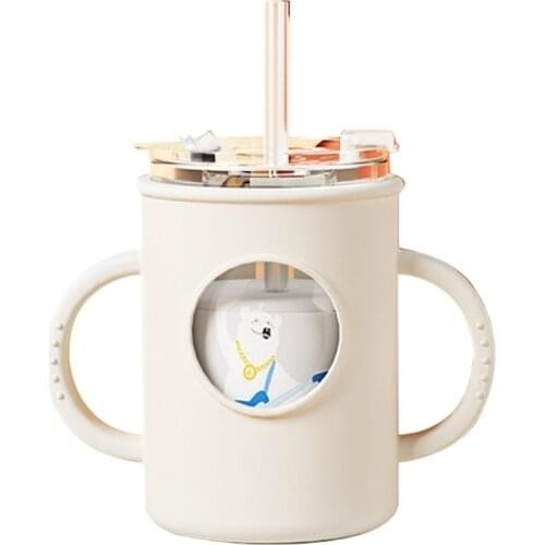 Anti-falling Baby Milk Cup with Straw Silicone Double Handle Sleeve Children Water Cup Portable Kids Drinking Glasses