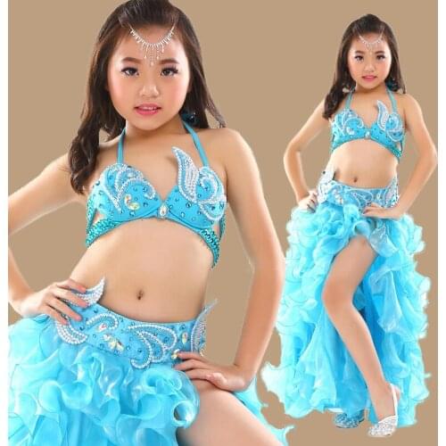 Kids Stage Performance Belly Dancing Clothes 3-piece Oriental Outfit Bra, Belt, Skirt Girls Belly Dance Costume Set for Children