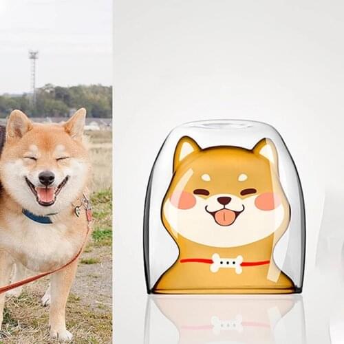 Children Gift Cute Shiba Inu Glass Heat-Resistant Double Layer Glass Cup Borosilicate 180ml Milk Cute Pet Tumbler Drinkware