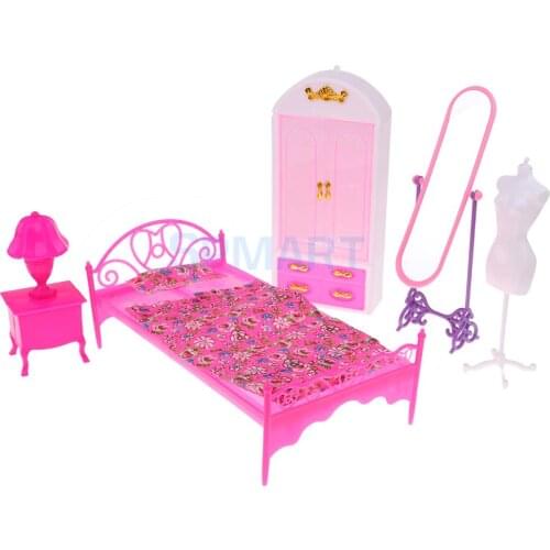 Modern Style Girls Bedroom Furniture Set - Single Bed, Wardrobe, Full-length Mirror & Mannequin For Dolls Accessory