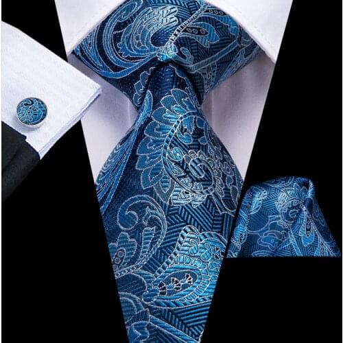 Hi-Tie Mens Necktie Luxury Navy Blue Floral Silk Wedding Tie For Men Hanky Cufflinks Set Business Party New Design Dropshipping