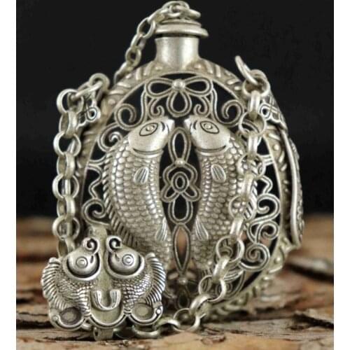 Chinese Old Tibet Silver Copper Carve Hollow Out Pair Fish Delicate Snuff Bottle