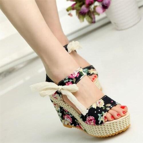 Fashion Floral Women Sandals Summer Wedges Sandals Platform Lace Ribbon Belt Bow Ankle Strap Sandalias High Heel Women Shoes