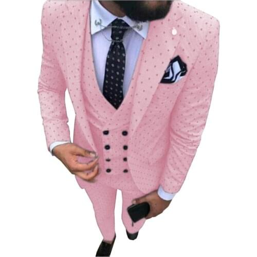 Mens Suit 3 Piece Pink Fashionable Wave Point Notched Lapel for Wedding Tuxedos Groom Suit (Jacket+Vest+Pants)