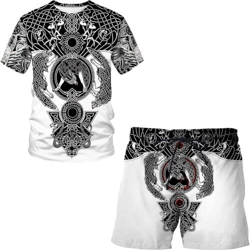 New summer mens Viking 3D symbol - Tattoo casual wear digital printing sportswear round neck loose mens short-sleeved shorts