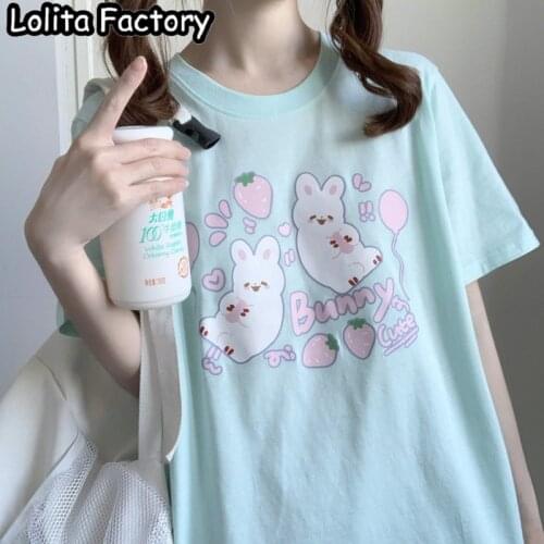 Harajuku Kawaii Short Sleeve T-shirt Women Girl Summer Tops Student sweet Lolita Tees bunny strawberry Clothes T107