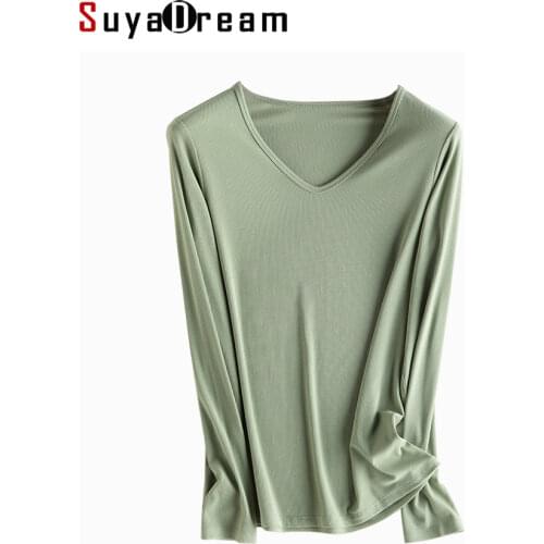 SuyaDream Women Bottoming T Shirt Real Silk Blend Long Sleeves Solid Basic Shirt 2021 Autumn Winter Ribs Top