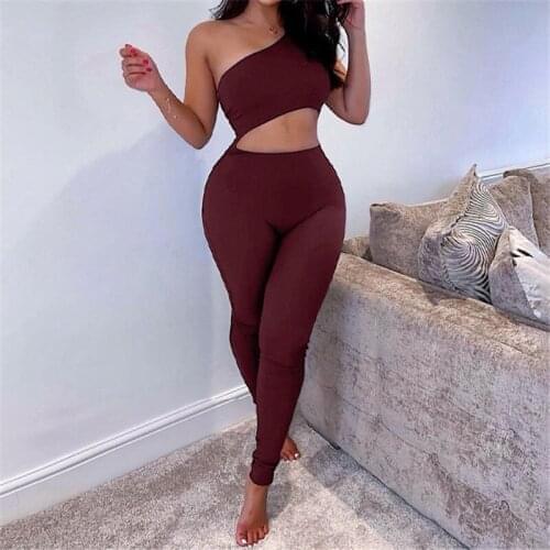 Solid One Shoulder Sleeveless Bodycon Workout Jumpsuit Outfit Skinny Fitness Activewear Hollow Out Sport Romper Summer Overalls