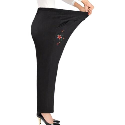 Middle-aged Womens External Wear Pants Autumn Winter Extra-large Plus Velvet Warm Pants Embroidered Casual Trousers 8XL 135KG