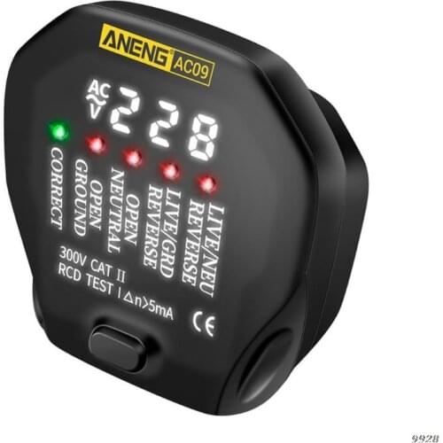 Digital Socket Tester Voltage Test Socket Smart Detector Ground Zero Line Plug Polarity Phase Check with Backlight AC09