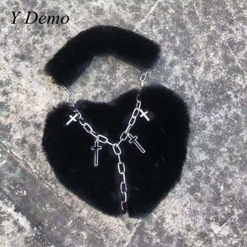 Y Demo Harajuku Heart Shaped Fur Bag Casual Sweet Soft Cross Buckle Grunge One Shoulder Bag Fashion Trend