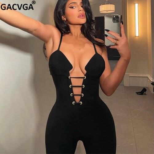 GACVGA 2021 Black Summer Jumpsuit Backless Women Slim Sexy Bodycon Romper Fashion Office Ladies Partywear Pencil Pants Overalls