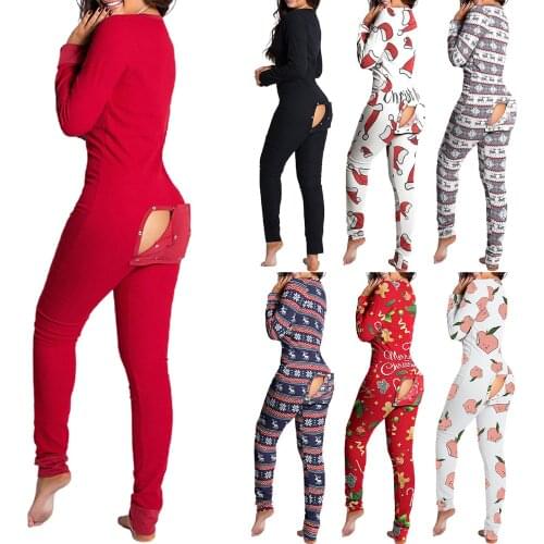 Lady Pajama Suit Open Ass Sexy Women Jumpsuit Long Sleeve Pajama Bum Open Homewear Button Flap Bodysuit For Women Clothing