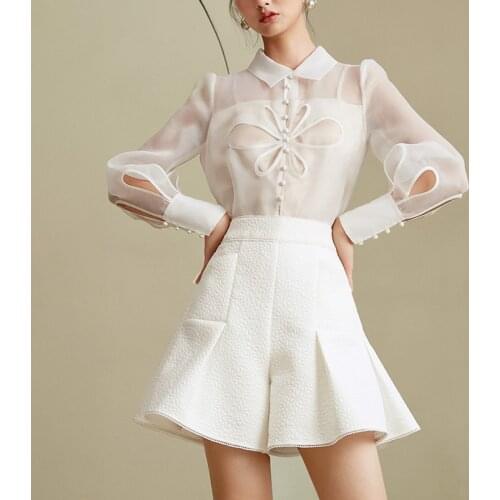 Jacquard Shorts Set Two Piece Set Women Hollow Out White Organza Blouse Long Sleeve Autumn Shirts Suit Elegant Tracksuit B347