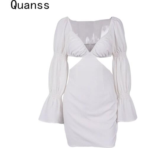 2021 Spring Summer Fashion Womens Dress Deep V Neck Sexy Puff Sleeve Cut Out Bodycon Short Dress Party Casual Elegant Clothes