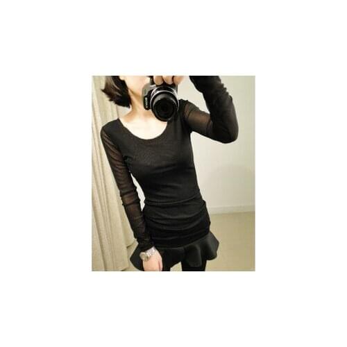 2pcs/lot Europe America Sexy Perspective Net Yarn Long Sleeves Pure Color Bottoming High Quality Women Tops Wholesale