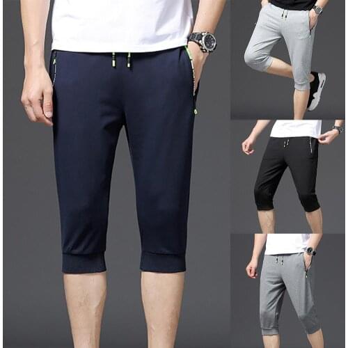 75% HOT SALES!!! Men Casual Breathable Drawstring Zipper Pockets Sports Capri Pants Trousers