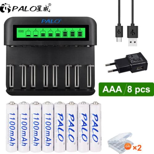 PALO AAA 1100mAh Rechargeable Battery AAA Batteries with LCD Battery Charger for 1.2V NIMH AAA/AA C Type D Rechargeable Battery