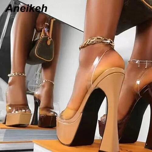 Aneikeh Sexy Summer PVC Shallow Transparent Womens Sandals Platform Heigh Shoes Heels Spike Fashion Peep Toe Buckle Strap 2021