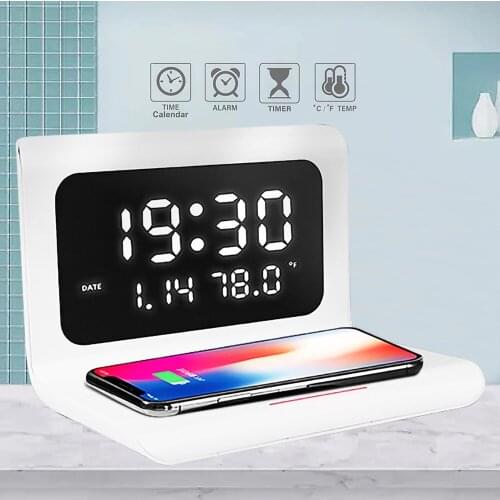 Wireless Charger Charging Pad with LED Digital Alarm Mirror Clock 12/24H Temperature Date 10w Fast Charging for Iphone 12 phone