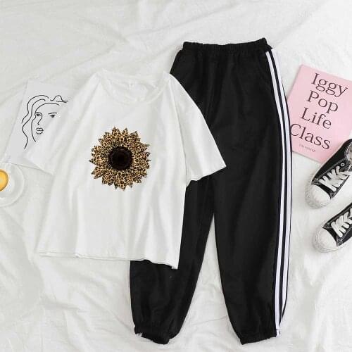 Sweatpants Set Long Pants Set Sportswear Suit Summer Two Piece Leopard Flower Print Graphic Tee Fashion Trousers Women Suit