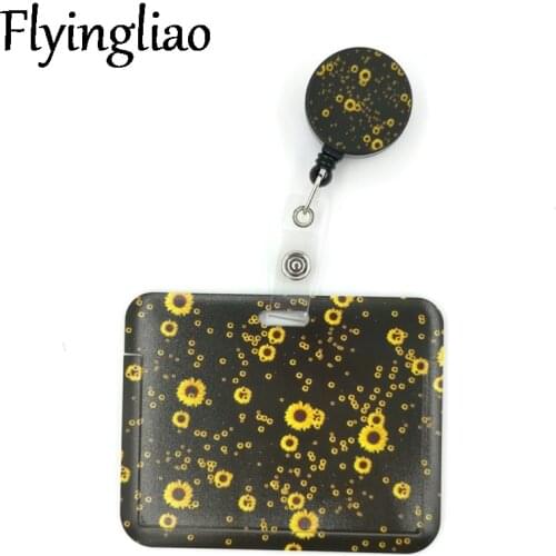 Sunflowers Flowers Black Cute Credit Card Cover Lanyard Bags Retractable Badge Reel Student Nurse Exhibition Enfermera