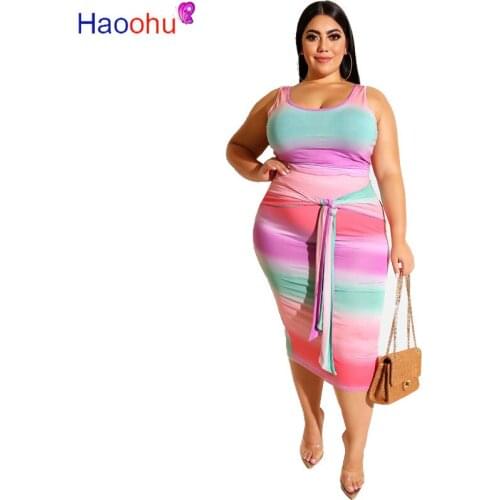 HAOOHU Summer Plus Size Women Two-Piece Set Strapless Sleeveless Vest With Pencil Mid-Calf Skirt Print Casual Suits