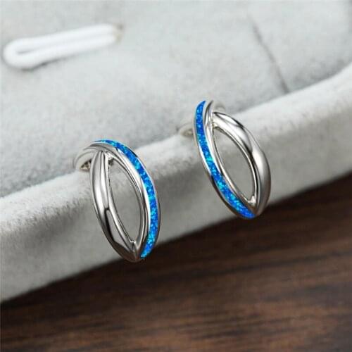 Classic Female White Blue Opal Earrings Retro Hollow Cross Small Stud Earrings Rose Gold Silver Color Wedding Earrings For Women