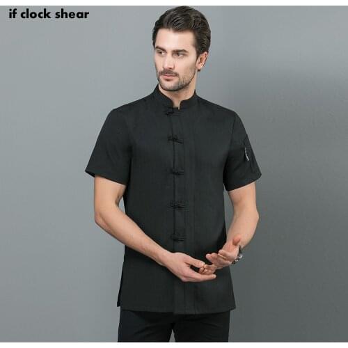 Chinese-style Food Service Chef Jacket restaurant uniform black and white Short sleeved hotel Kitchen work clothes men new M-4XL