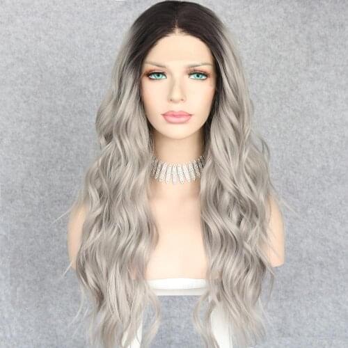 Lvcheryl Synthetic Lace Front Wigs Dark Roots To Grey Color Natural Long Wavy Hair Wigs Middle Parting Heat Resistant Hair Wigs