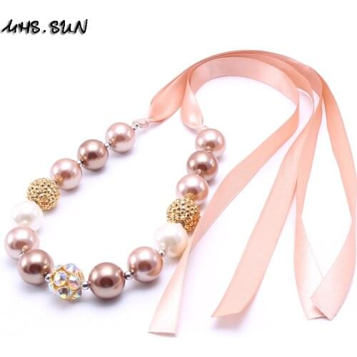 MHS.SUN 2PCS Gold Color Fashion Ribbon Kid Chunky Bead Necklace aby Toddler Girl Bubblegum Chunky Necklace Jewelry Children