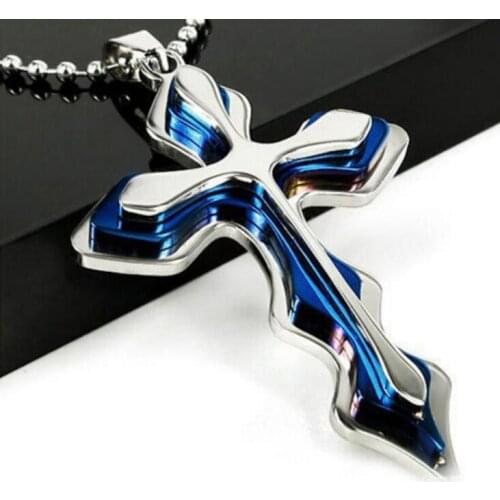 Layered Necklace Stainless Steel Necklace Blue Mens Titanium Steel Necklace New Domineering Mens Cross Pendant