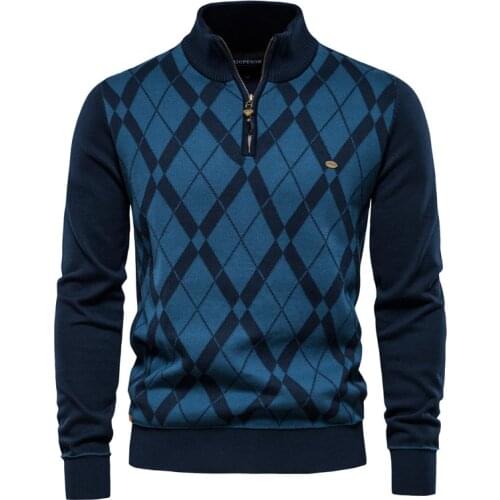 Mens Casual Sweater Argyle Zipper Mock Neck Cotton Pullover Autumn and Winter Fashion Style Tops Male Clothes