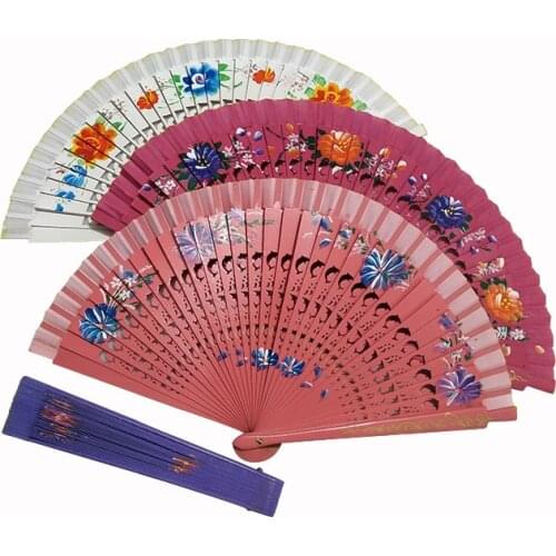 Featured hollow wood spanish hand fan for wedding and gift 4 colors