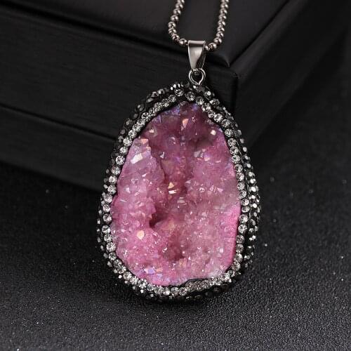 Pink Quartz Crystal Stone Pendant Necklace For Women Fashion BOHO Natural Stone Irregular Crystal Pendulum Jewelry Female Gifts