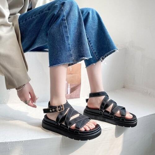 Womens Sandals Gladiator Sandals Women Thick Bottom Cross-strap Lady Shoes Flat Platform Buckle Elastic Band Sandalias Mujer