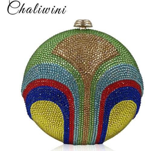 Customize Round Striped All Crystal For Women 2019 Evening Bags With Hasp Shoulder Hand Bags Luxury Day Wallet Phone Package